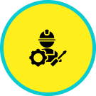 Construction worker icon with gear and wrench.