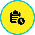 Clipboard with clock icon on yellow background.