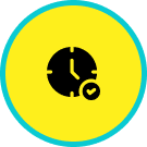 Clock with checkmark on yellow background.
