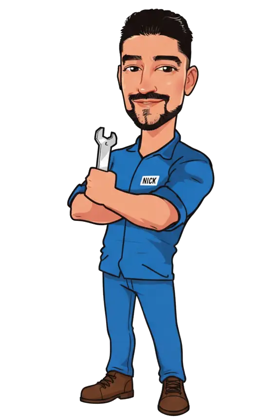 Cartoon mechanic with crossed arms and a wrench in hand.