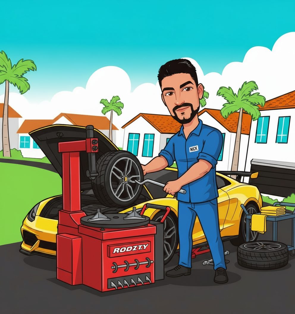 Cartoon mechanic changing a car tire using a machine outdoors.