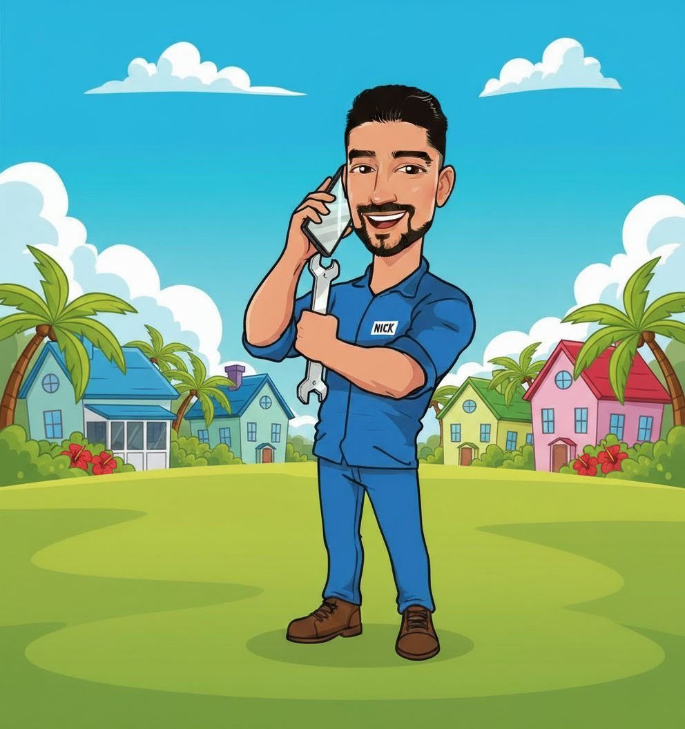 Cartoon man talking on phone in a colorful neighborhood.