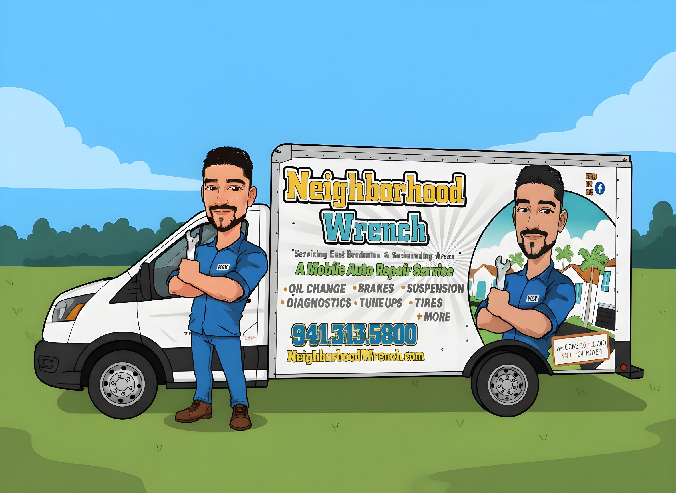 Cartoon-style illustration of a plumber standing next to a branded service van.