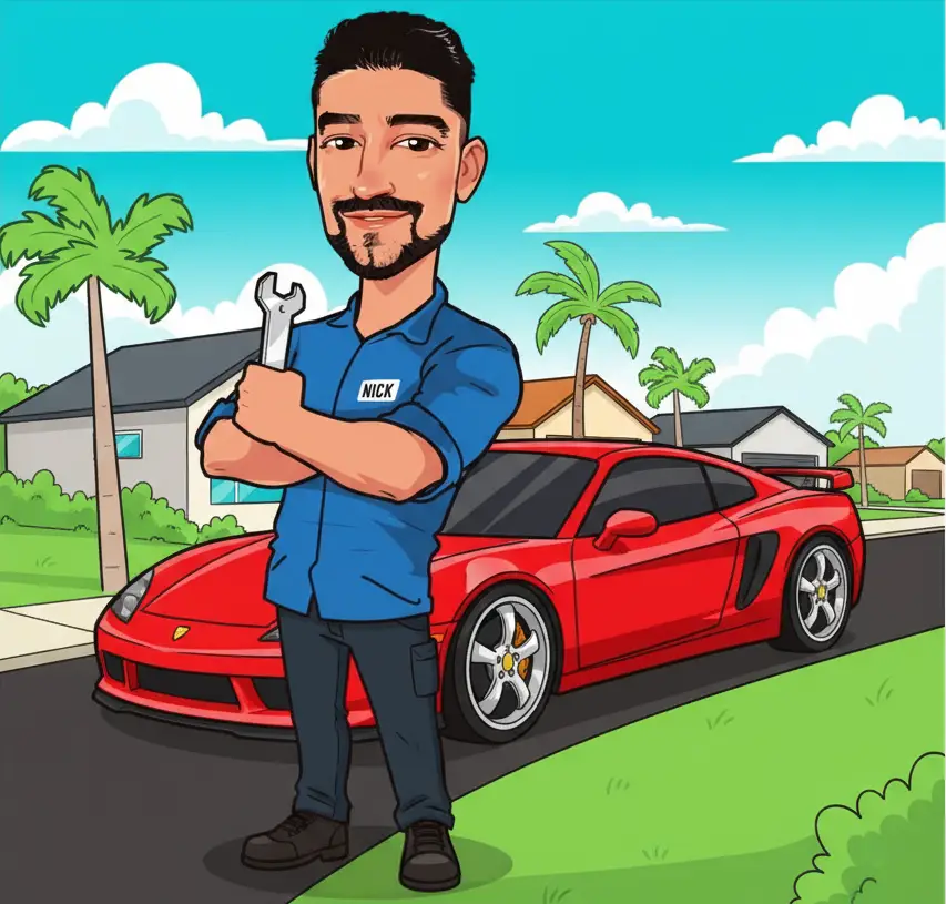 Cartoon mechanic standing with a wrench by a red sports car.