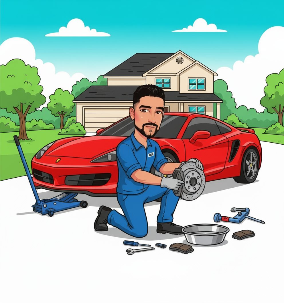 A mechanic fixing a red sports car with tools scattered around.