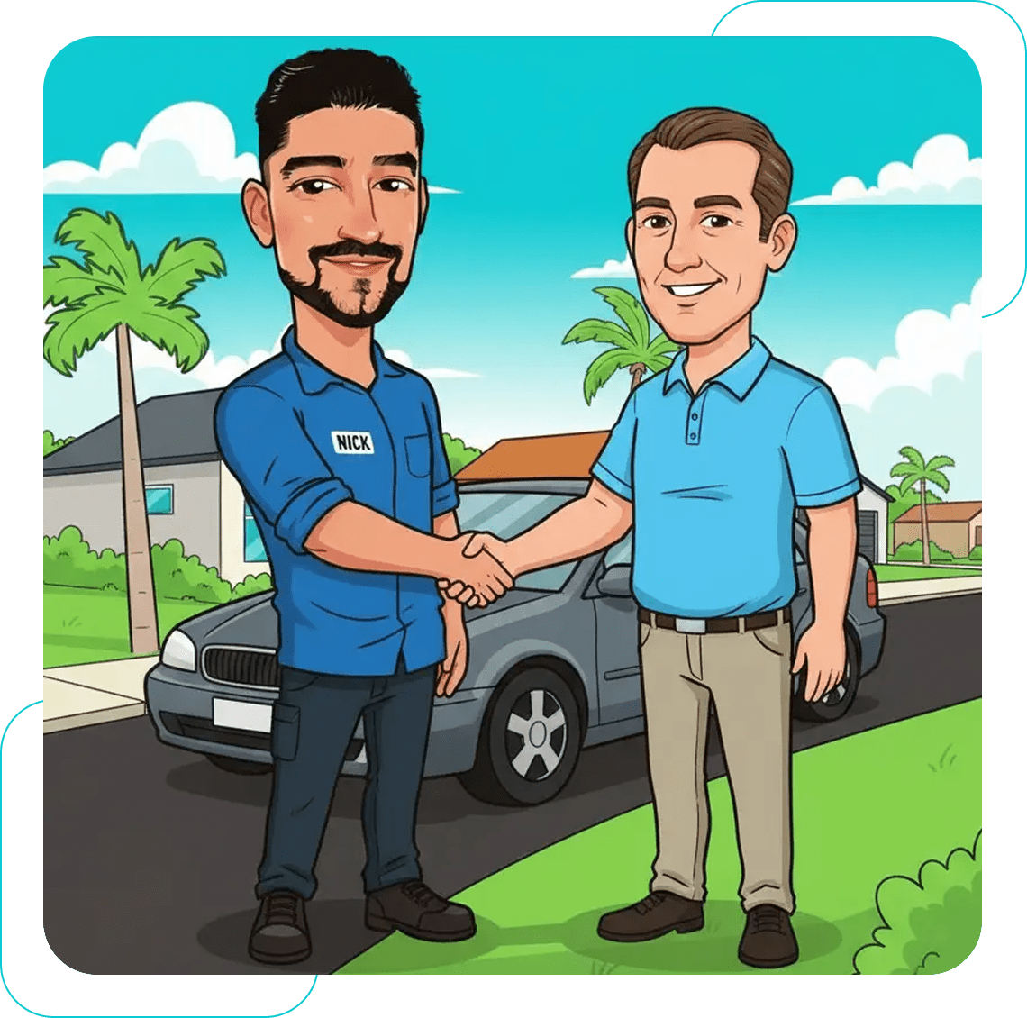 Two men shaking hands outdoors near a car.