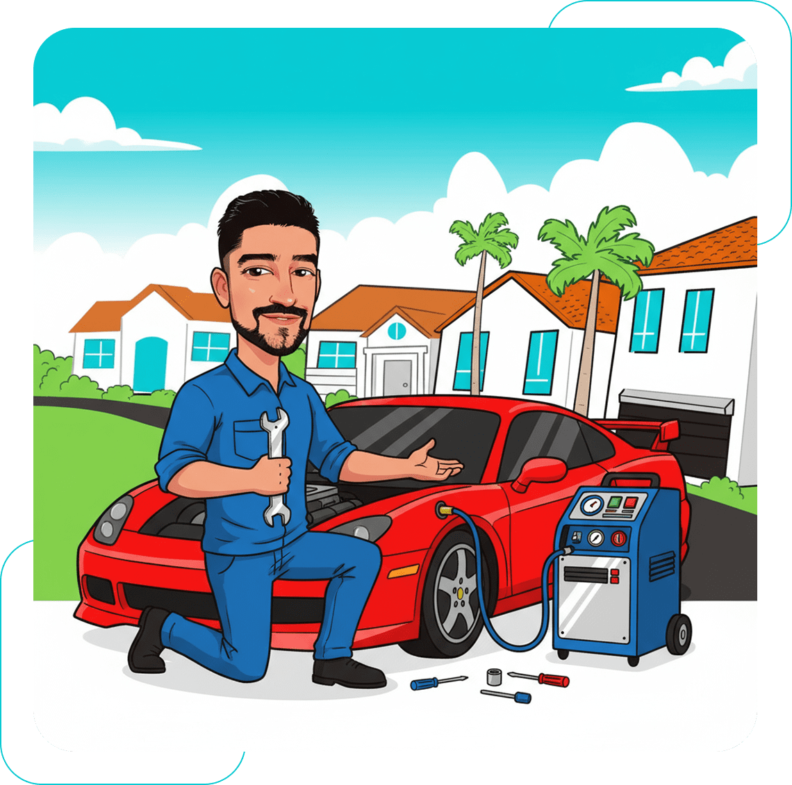 A man in blue coveralls working on a red sports car outdoors.